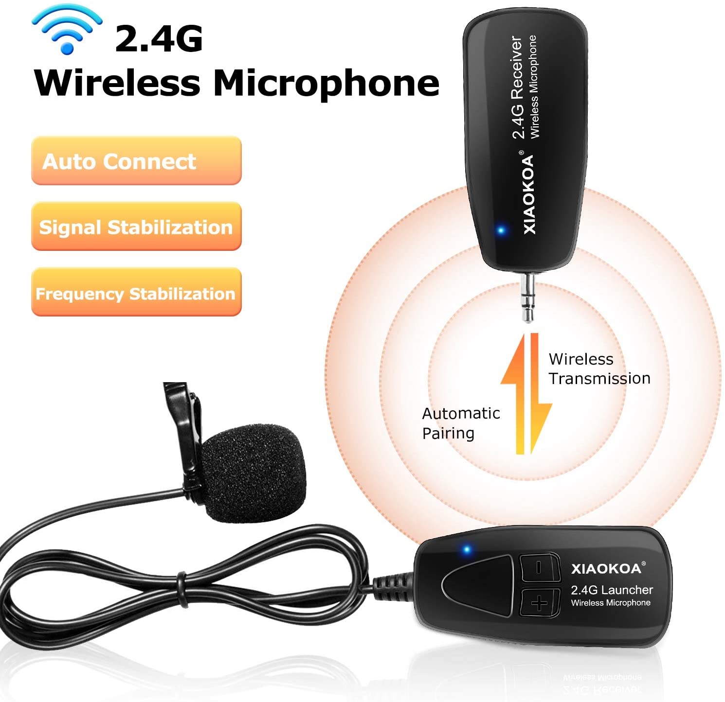 XIAOKOA Wireless Lavalier Microphone 2.4G Wireless Microphone System with Lavalier Lapel Mics Transmitter&Receiver for Conference  Speaker, Teaching, Tour Guiding, Stage Performance