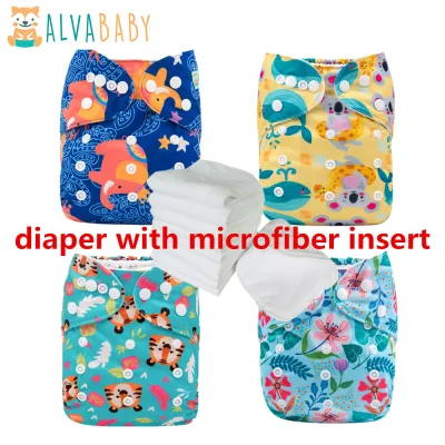 ALVA Baby Cloth Diapers 【with 3-layer Microfiber insert】Printed One Size Reusable Washable Pocket With 1pcs Microfiber