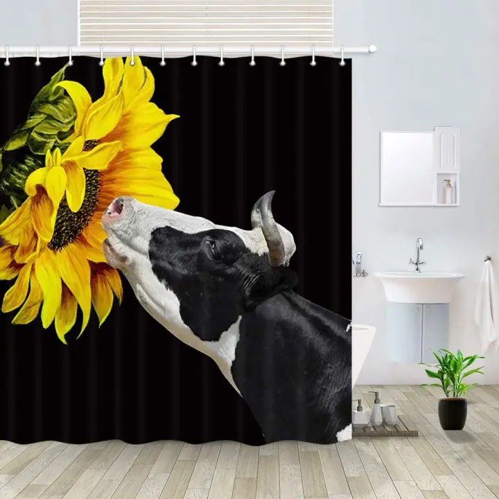 Cow Shower Curtain Sunflower Farmhouse, Yellow And Black Shower Curtain
