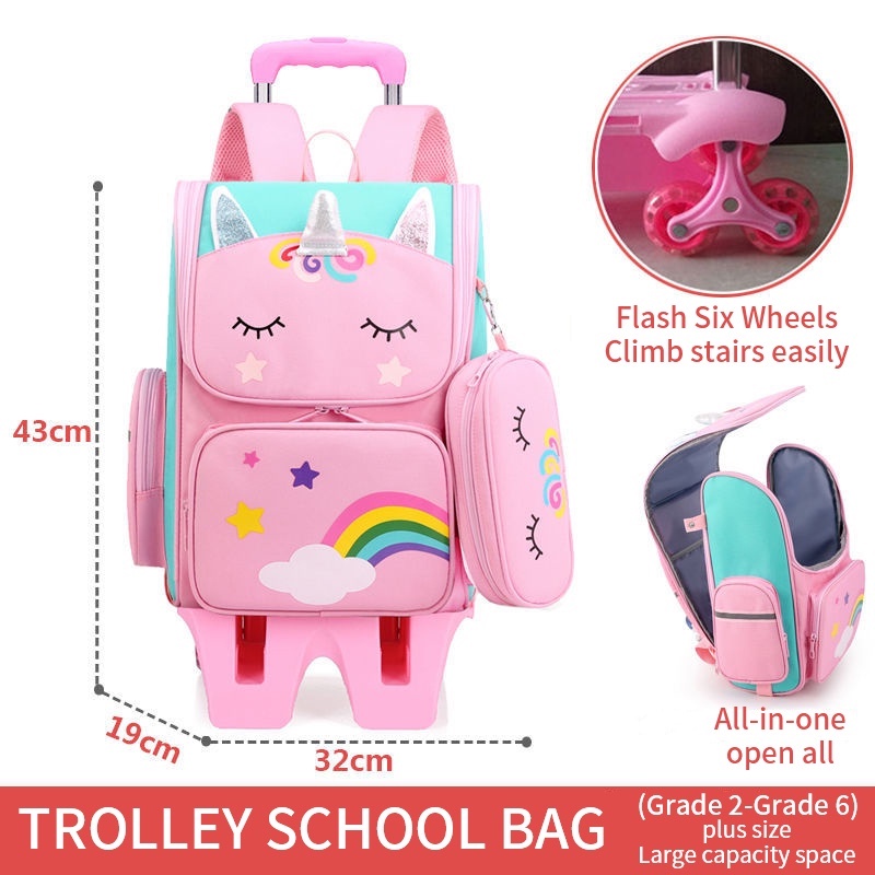 【Ready Stock】 trolley children's school bag unicorn primary kindergarten girl bag trolley