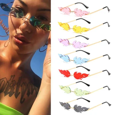 Luxury Rimless Wave Personality Metal Shades Western Vintage Sun Glasses Colorful Lens Eyewear Fire Flame Sunglasses