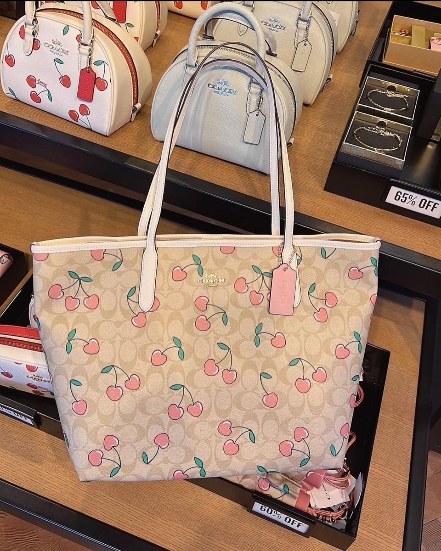 COACH City Tote In Signature Canvas With Pink Heart Cherry Print
