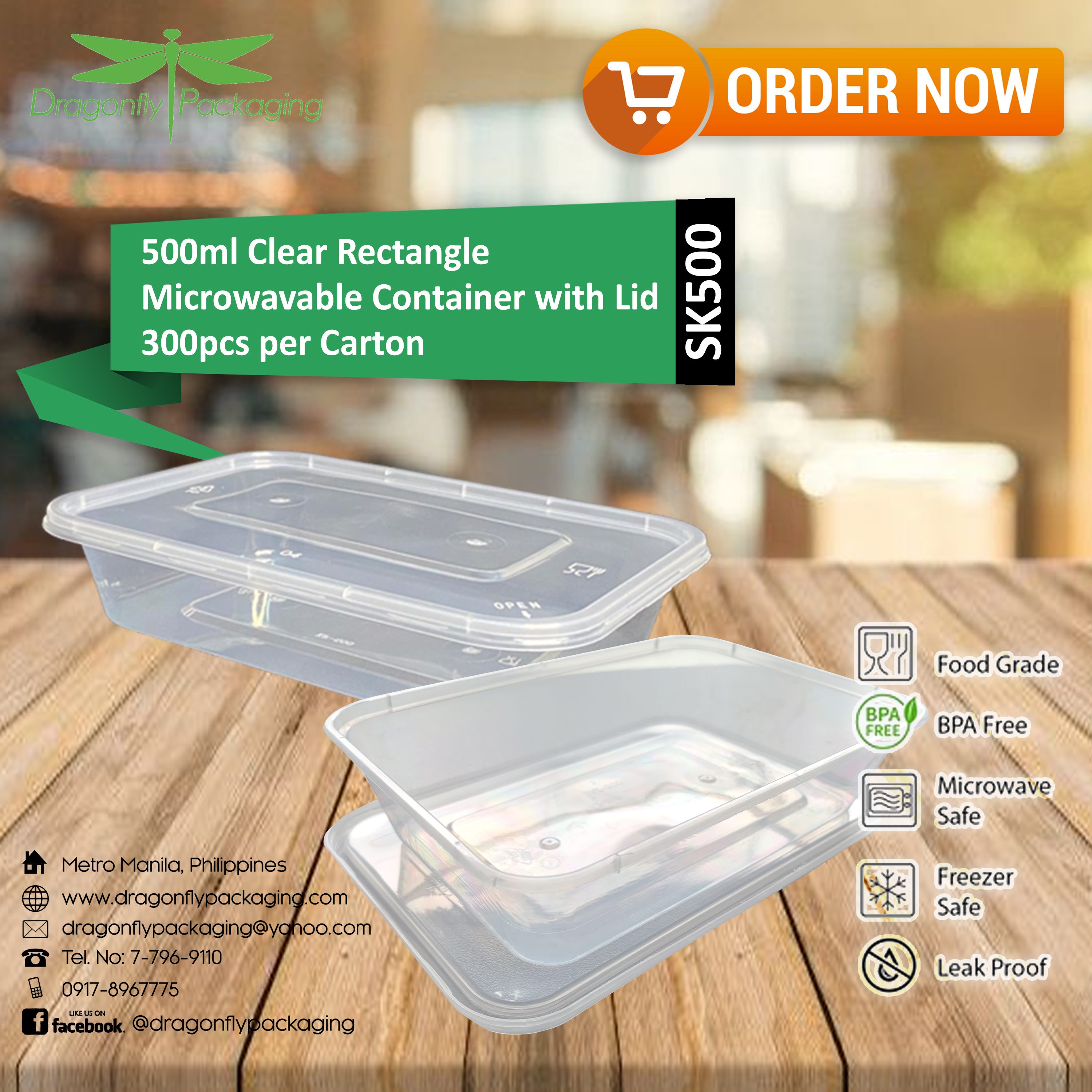 500ml Clear Rectangle Microwavable Container with Lid 300pcs per