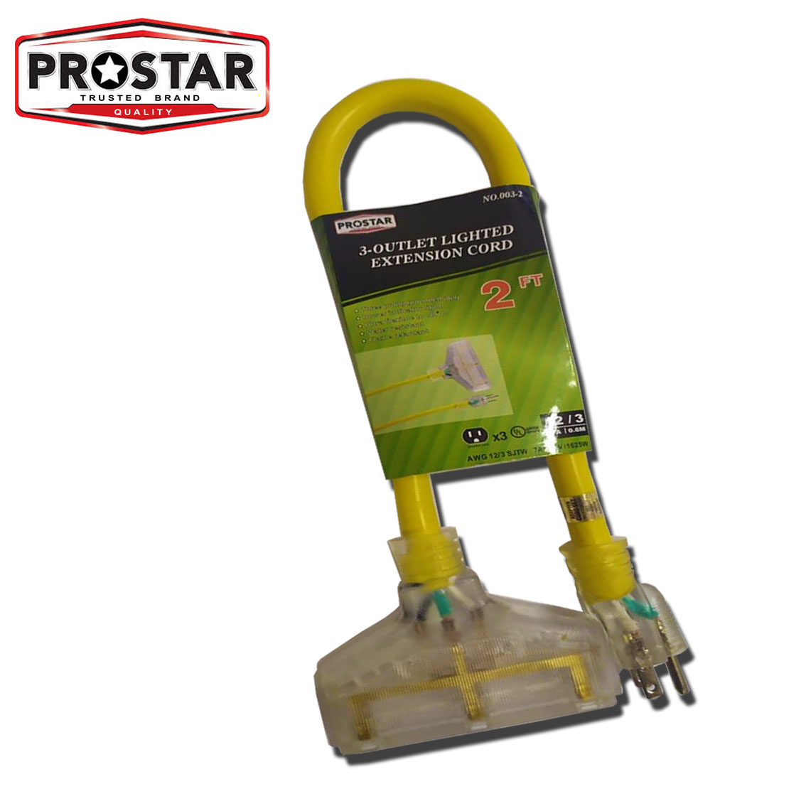 Prostar 2FT (Yellow) 3 Outlet Lighted Extension Cord Outdoor Rated