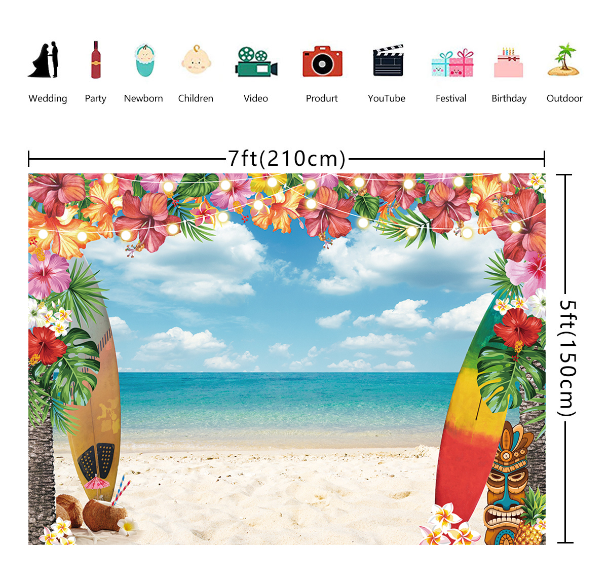 Summer Hawaiian Beach Backdrop Tropical Flowers Blue Sky Surfboard