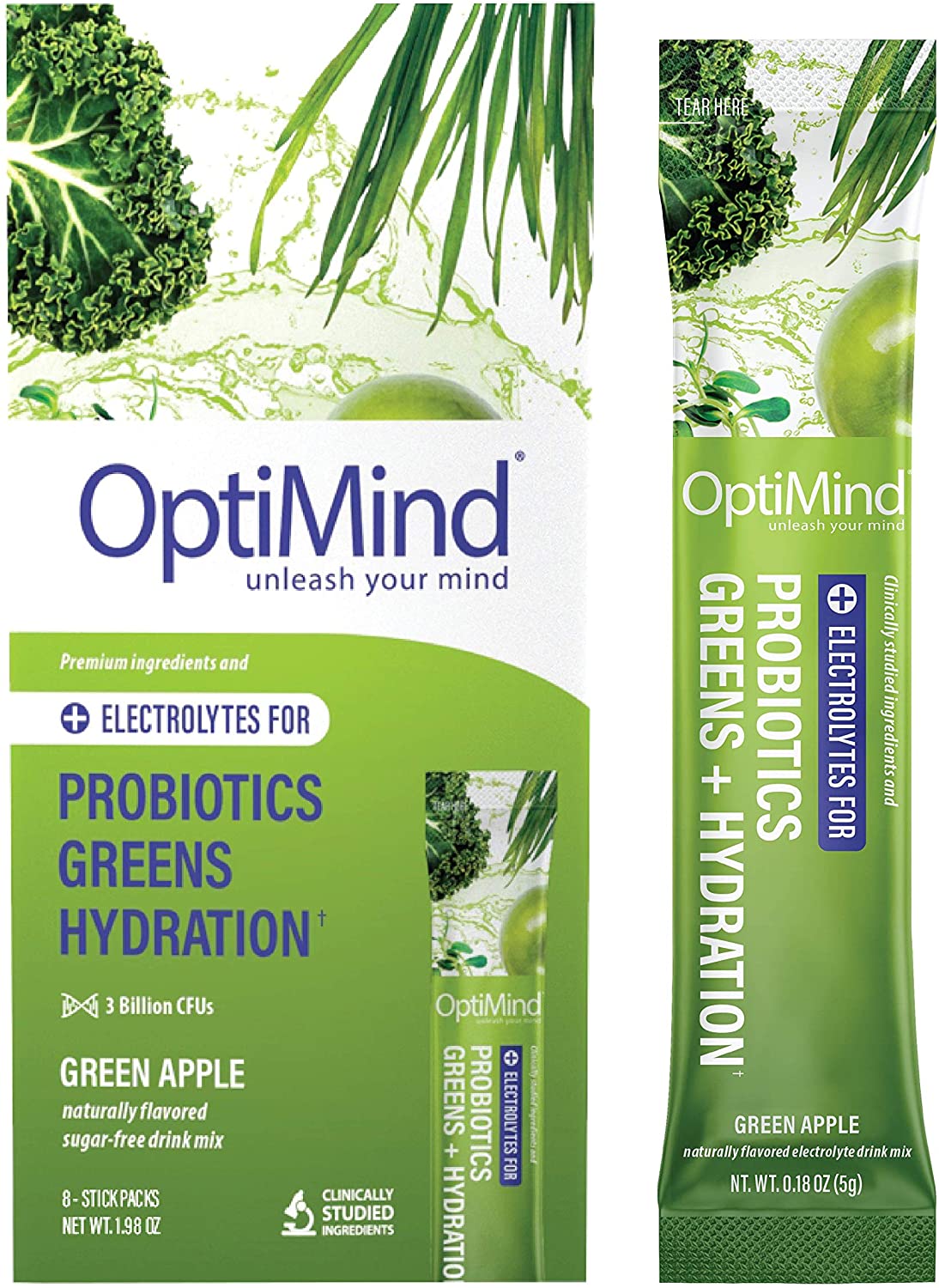 OptiMind Green Juice + Probiotics SugarFree, CaffeineFree Electrolyte Water Booster for