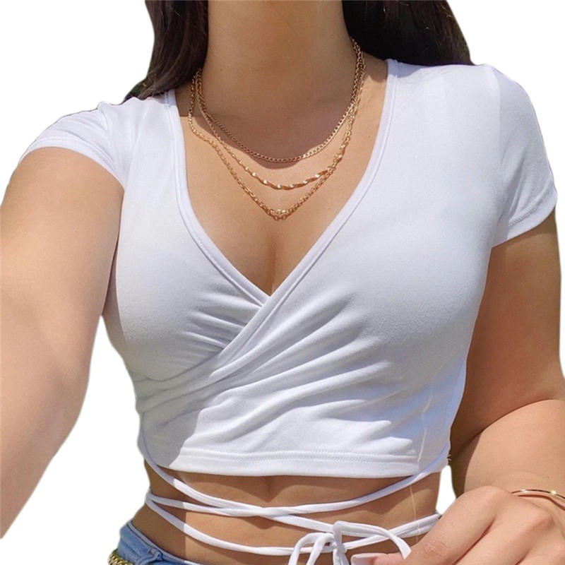 Women Fashion Solid Color Sexy V-neck Crop Tops Slim Fit Summer Short  Sleeve Tank Top T Shirts