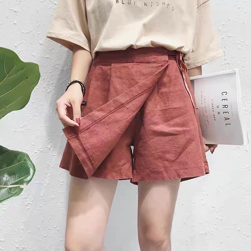 HVDENIM Solid Wrap Front Skort Shorts with Skirt Flap Garterized