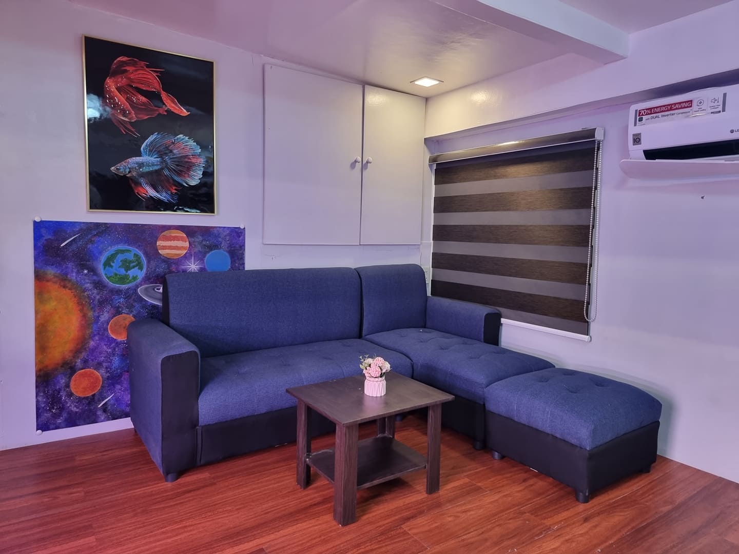 sala set L shape blue fabric sofa with center table uratex foam cod