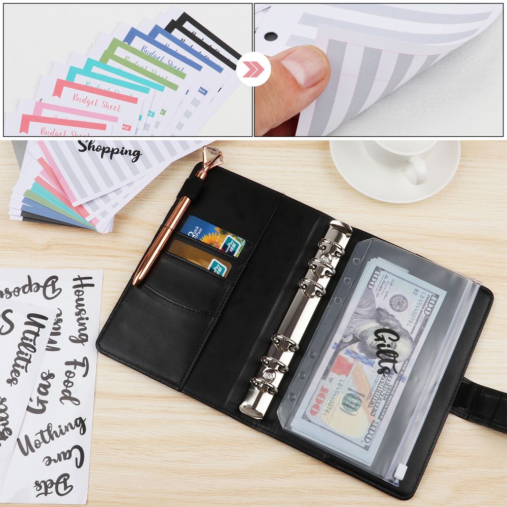 2 Double Pocket Zipper Bags 2 Sheet Categories Letter Sticker for Planner 12 Binder Pockets 12 Budget Sheets Brown 29 Pieces A6 PU Leather Notebook Binder Set Includes 6 Rings Binder Cover 