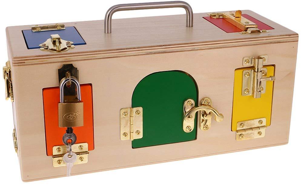 Montessori Colorful Wooden Lock Box Toy with 10 Different Doors
