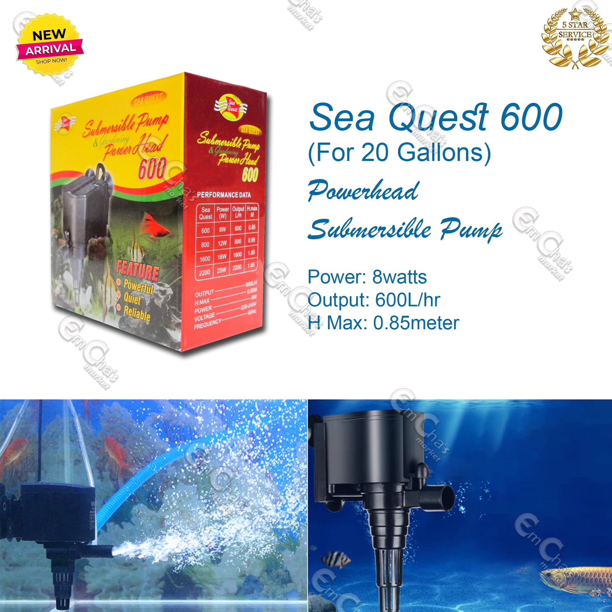 Seaquest 600 Powerhead Submersible Pump 8watts 600L/hr for 20Gallons