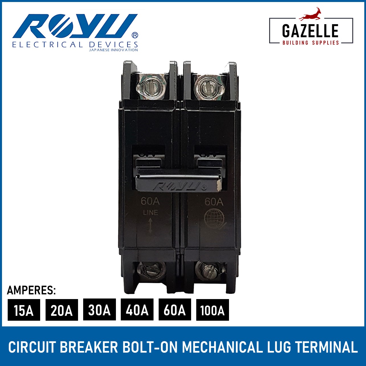 Royu Circuit Breaker BoltOn Mechanical Lug 2 Pole 15A for Bolt On