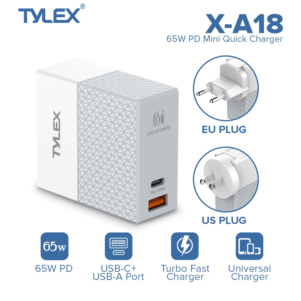 TYLEX XA18 Mini Quick Charger USB Output + TypeC 65W PD Super Fast