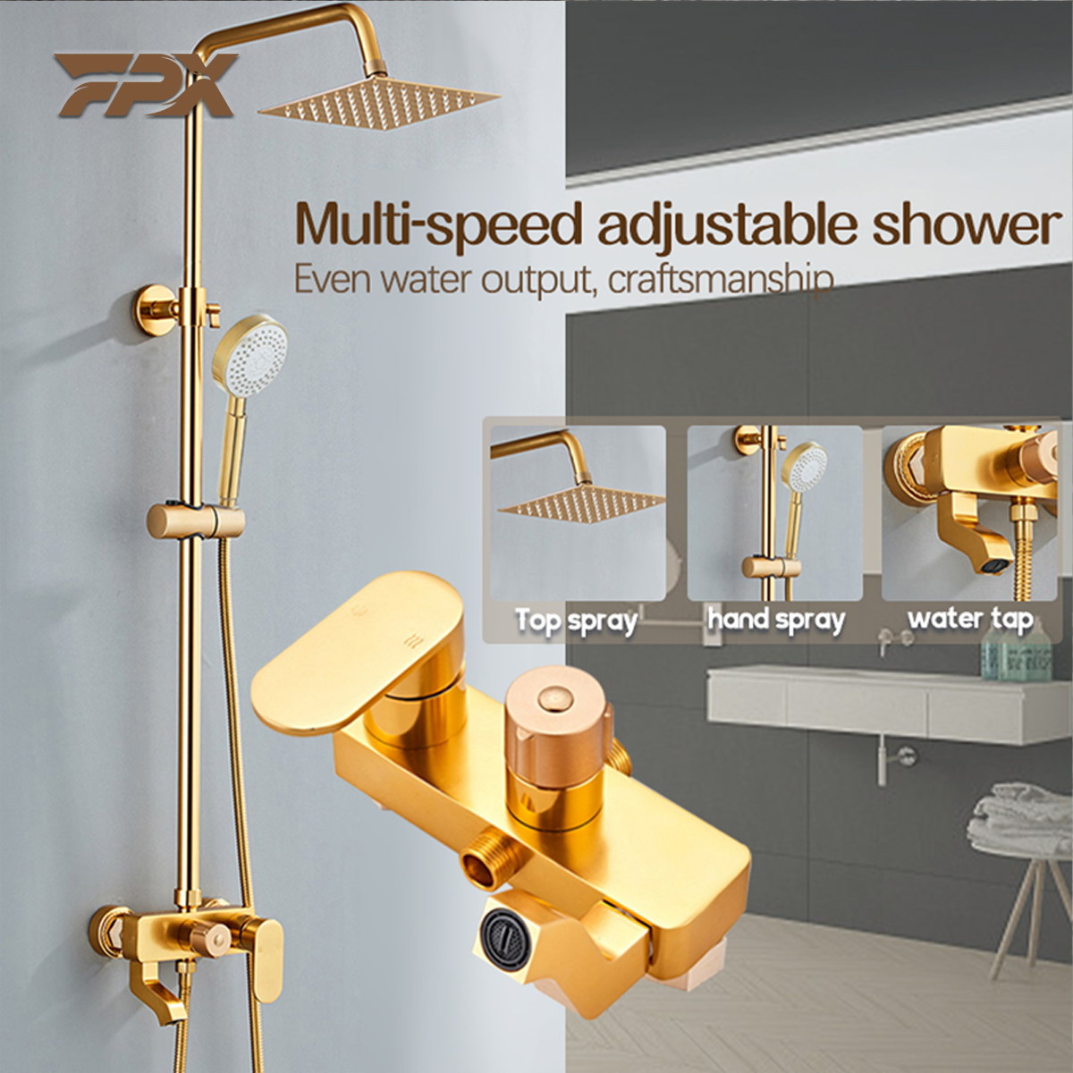 FPX 304 Stainless Steel Bathroom Hot and Cold Square Gold Shower Set