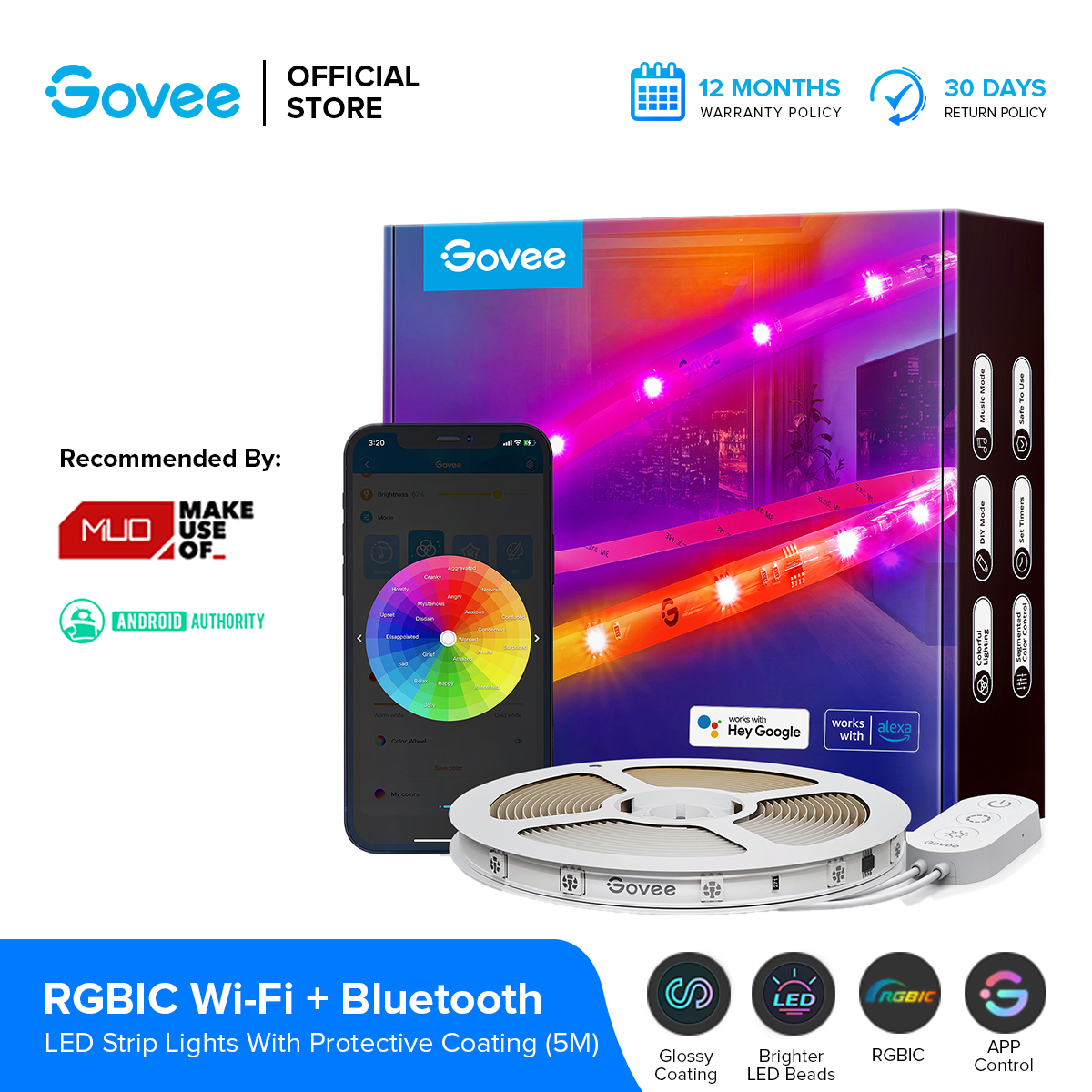 Govee RGBIC LED Strip Lights, 5 Meters, WiFi Color Changing LED Lights
