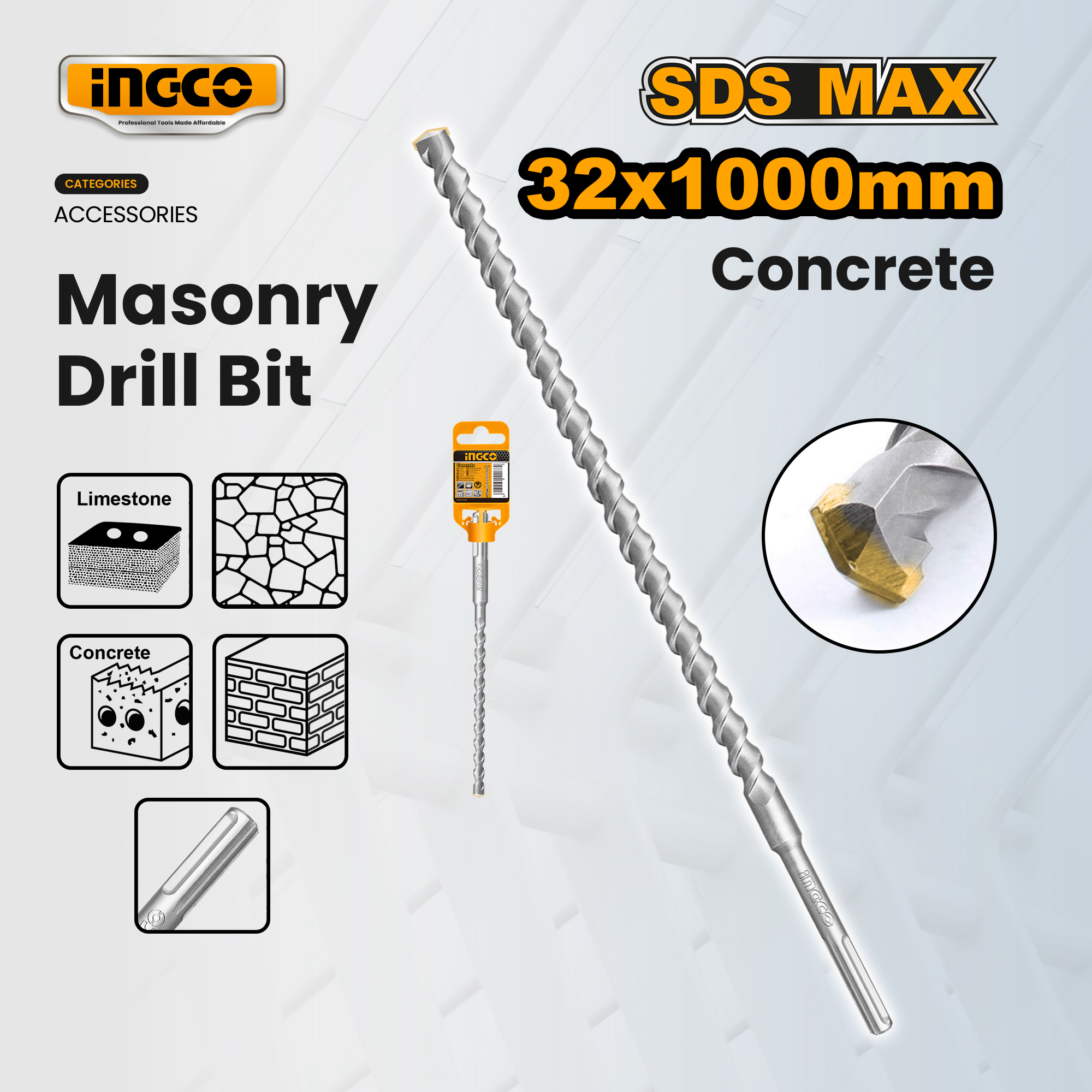 Ingco SDS Max Masonry Hammer Drill Bit for Concrete Brick Stone
