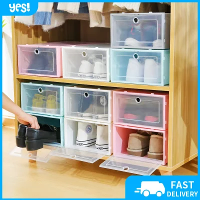 Shoe Storage Boxes,Clear Plastic Stackable Candy Colorful Shoe Organizer Bins,Foldable and Stockable DIY Plastic Drawer Cabinet Shoe Holder Containers with Lids,Flip-open Storage Box Organizer Need To Assemble Yourself,Space Saving.Bedrooms shoes box