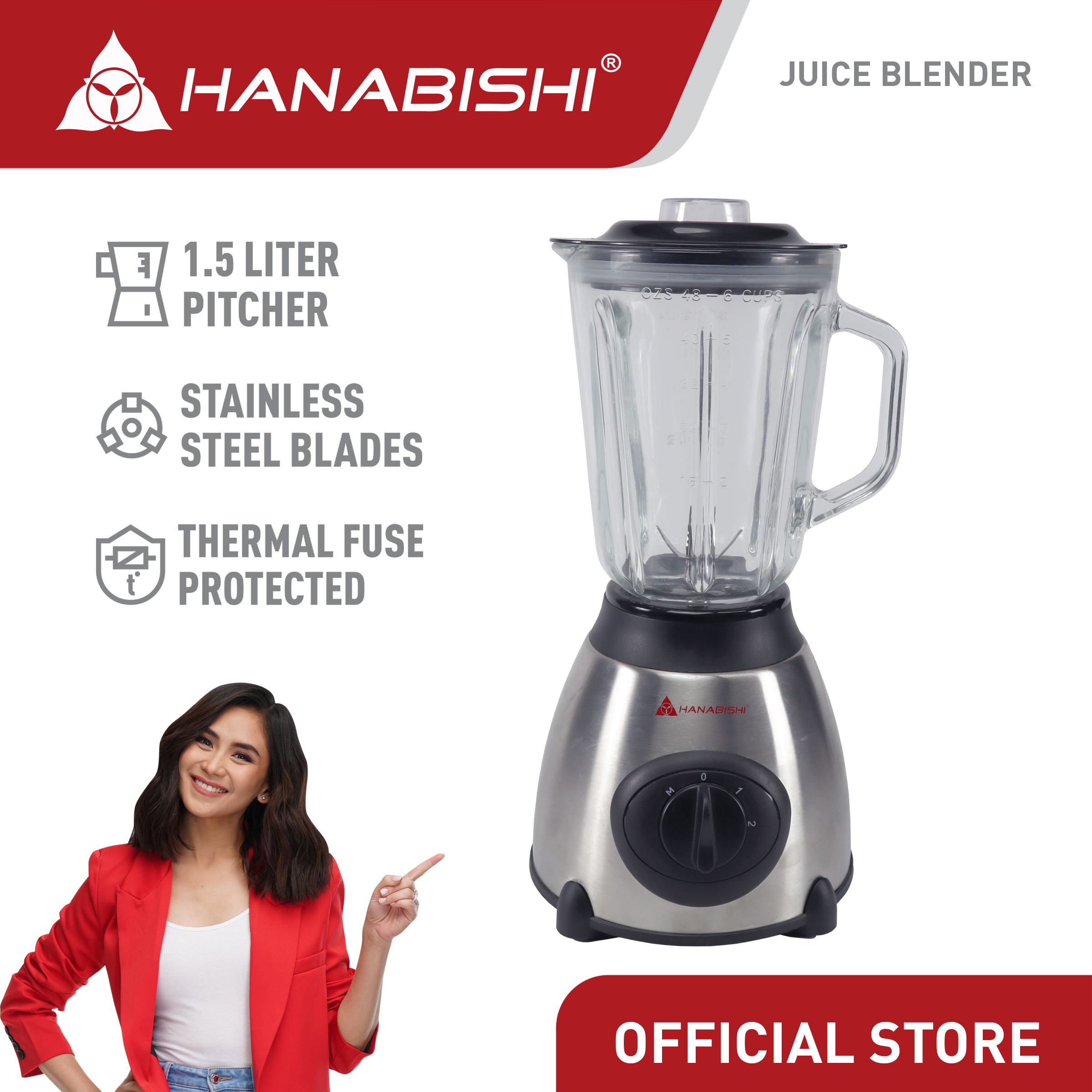 Hanabishi Super Blender HJB123 1.5 liter Capacity with Glass Jar