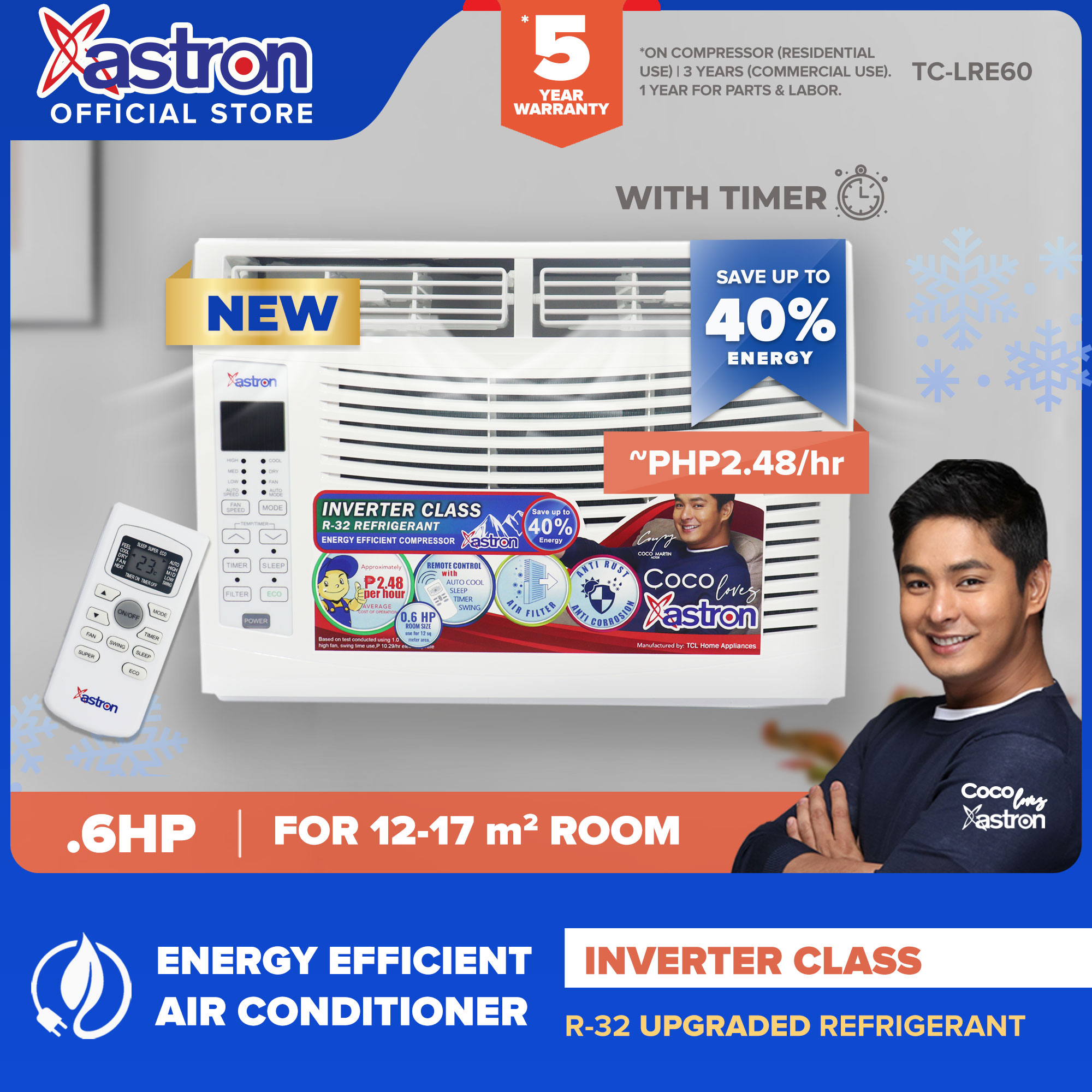 Astron Inverter Class .6HP Aircon with remote (improved R32 energy