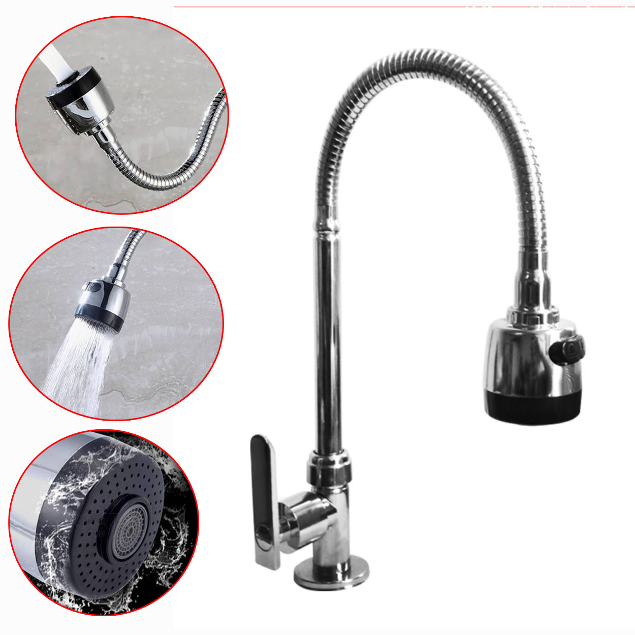 Kitchen Faucet Stainless Single Cold Flexible Adjustable 360° Rotatable