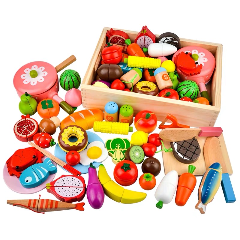 HNTOB Wooden Pretend Play Cutting Fruits Vegetables Foods Kitchen ...