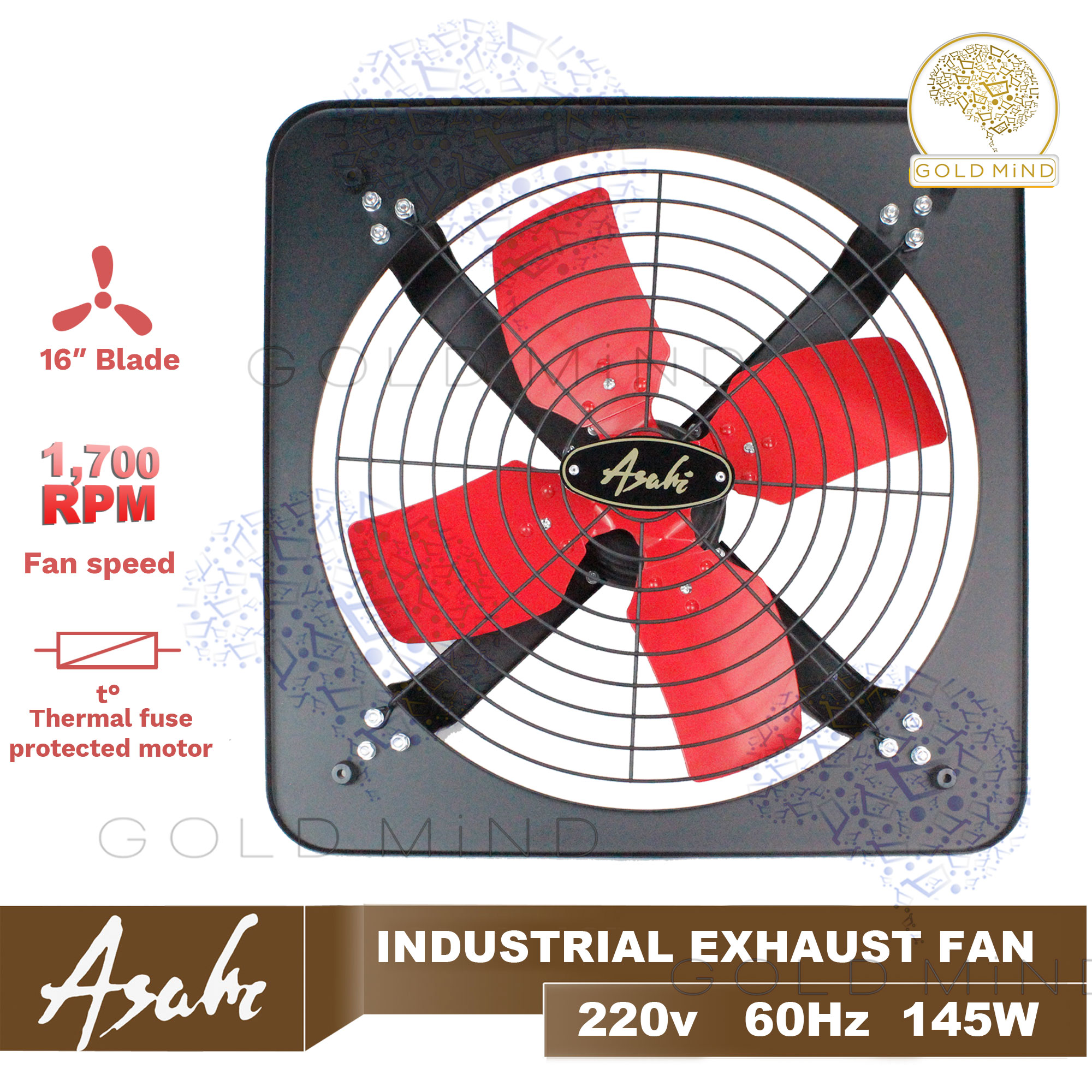 Asahi Industrial Exhaust Fan Auto Shutter 16" Blade, Grill guard, Self