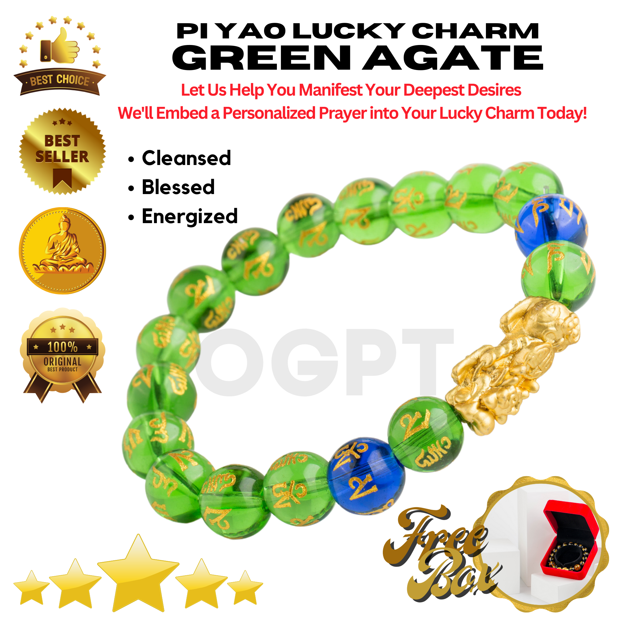 24k Gold Feng Shui Green Agate Wealth Bracelet Personal Prayer