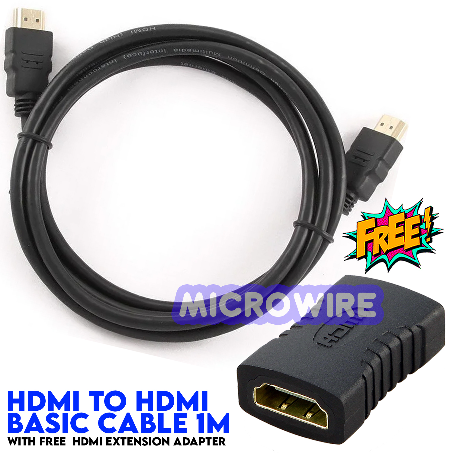 HDMI to HDMI Basic Cable 1M With FREE HDMI Extension Adapter HDMI