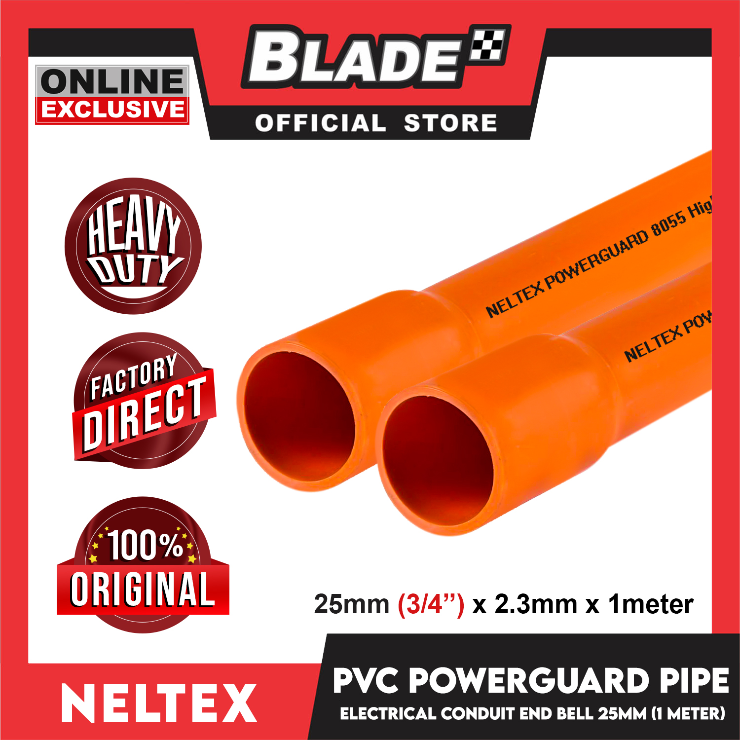 Neltex PVC Powerguard Pipe (Orange) 25mm x 1meter with Bell Electrical
