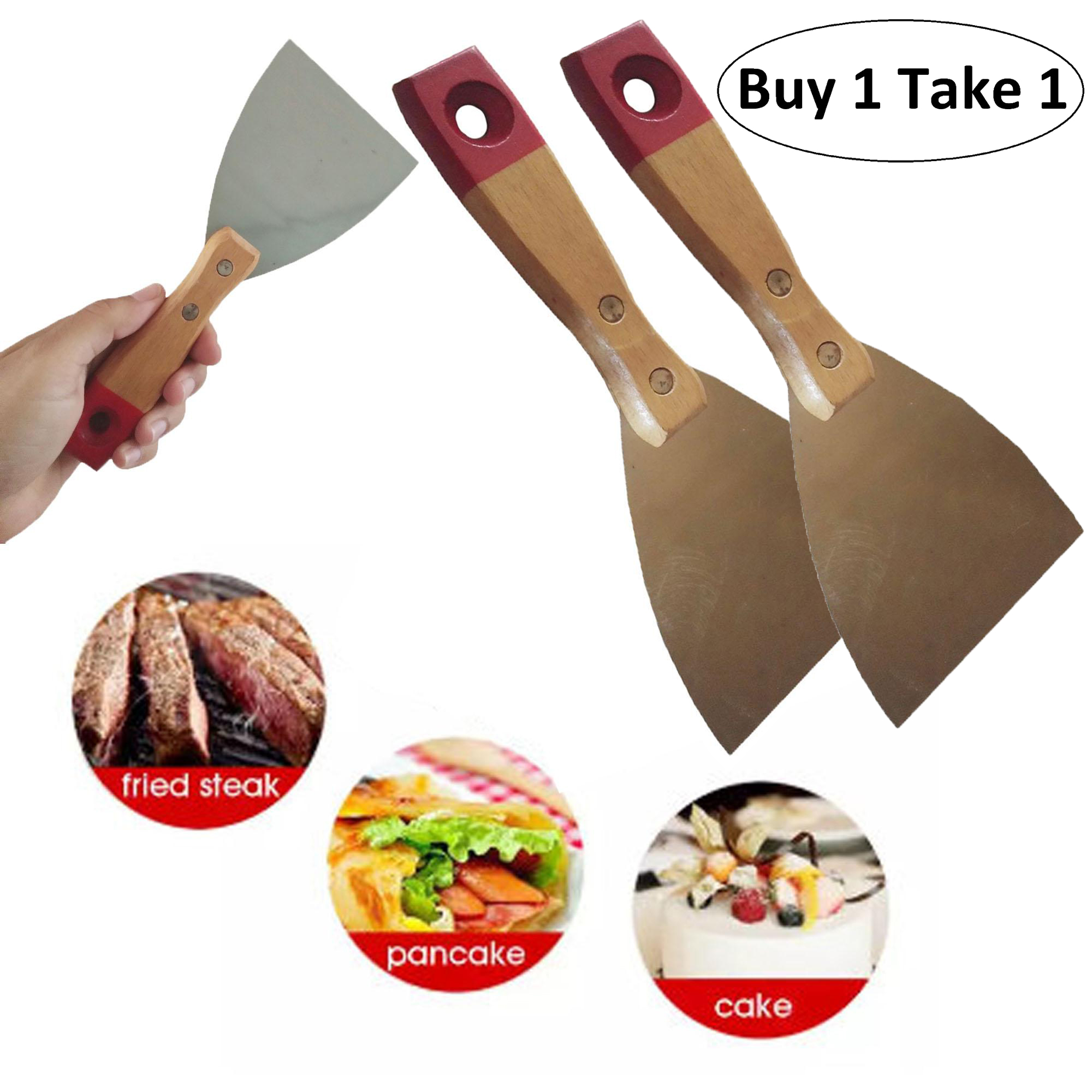 Wood handle Stainless Steel Grill Griddle Spatula Scraper Commercial