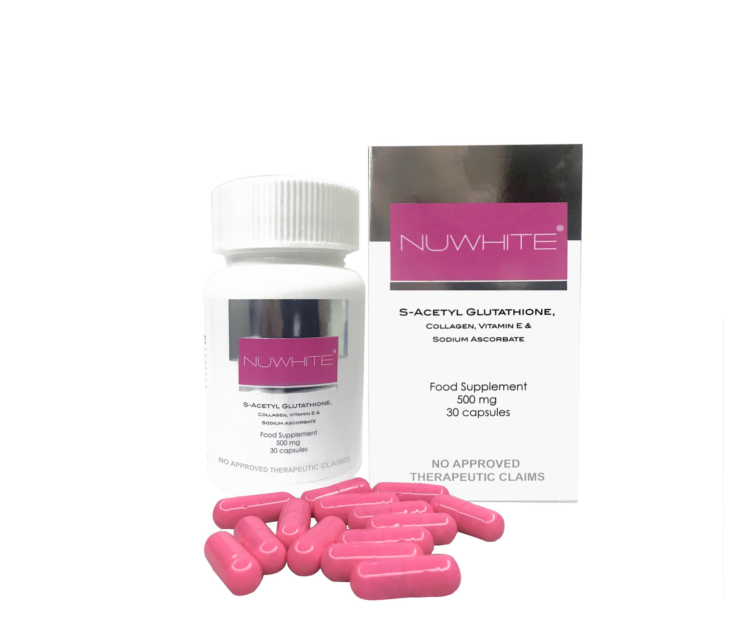 Authentic PREMIUM NUWhite Glutathione 30 capsules. NU White with FREE  vitamin C