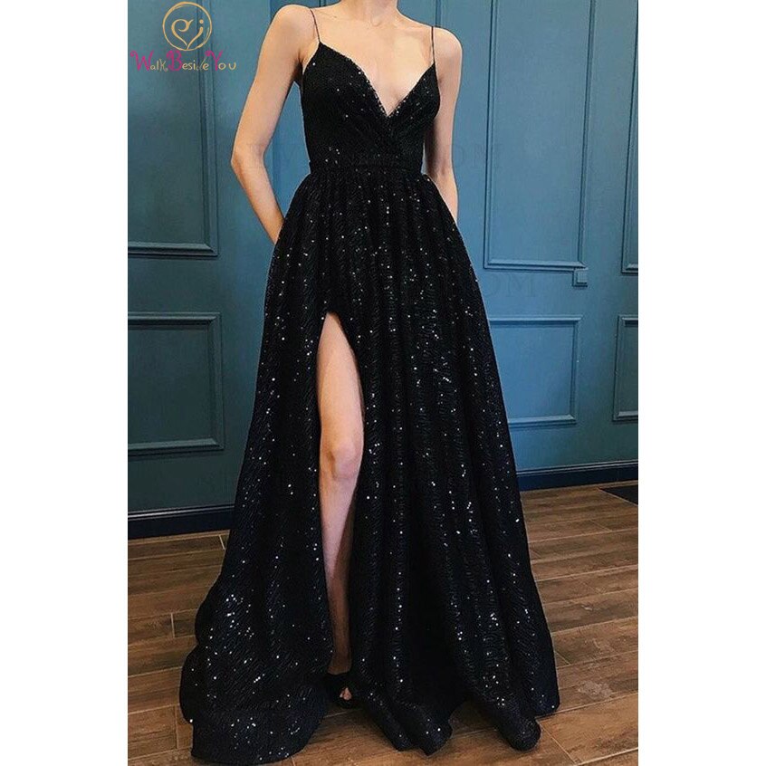 Long Prom Dress Sequined Bling Sparkl Strap A Line V Neck Black with ...