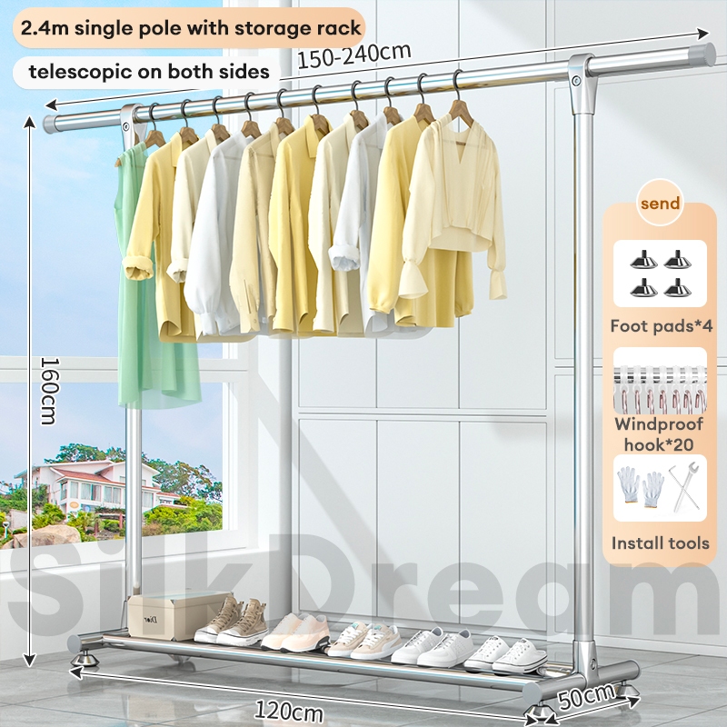 Double Pole Drying Rack With Wheels Stainless Steel Clothes Hanger 