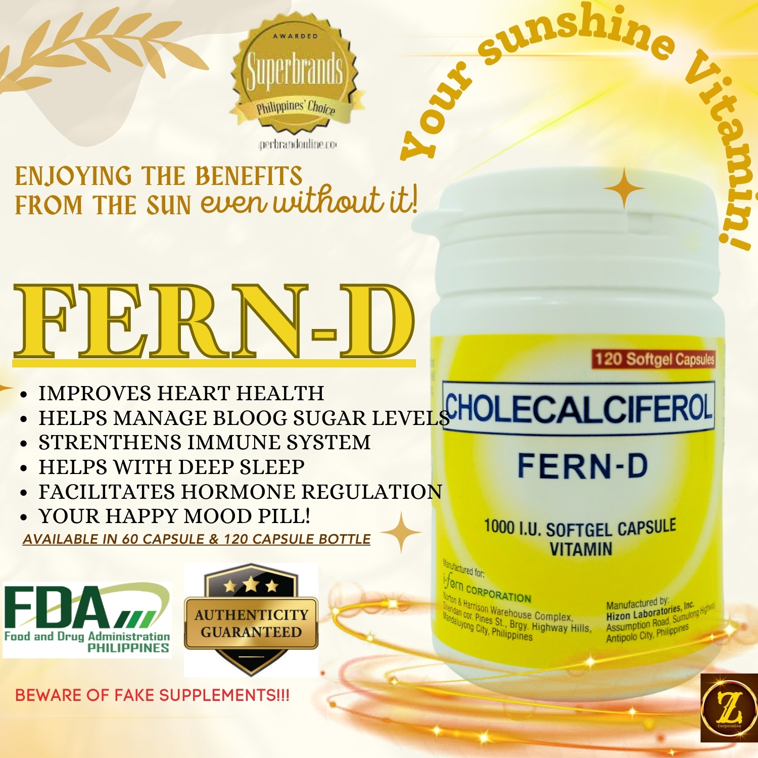 Fern D Vitamin D cholecalciferol Supplement 60 softgels capsules 1000