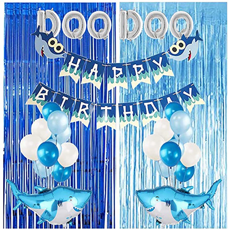 Shark DecorationsMetallic พู่ฟอยล์ CurtainShark BalloonsShark วันเกิด BannerFoil บอลลูนสำหรับธีมมหาสมุทร Party