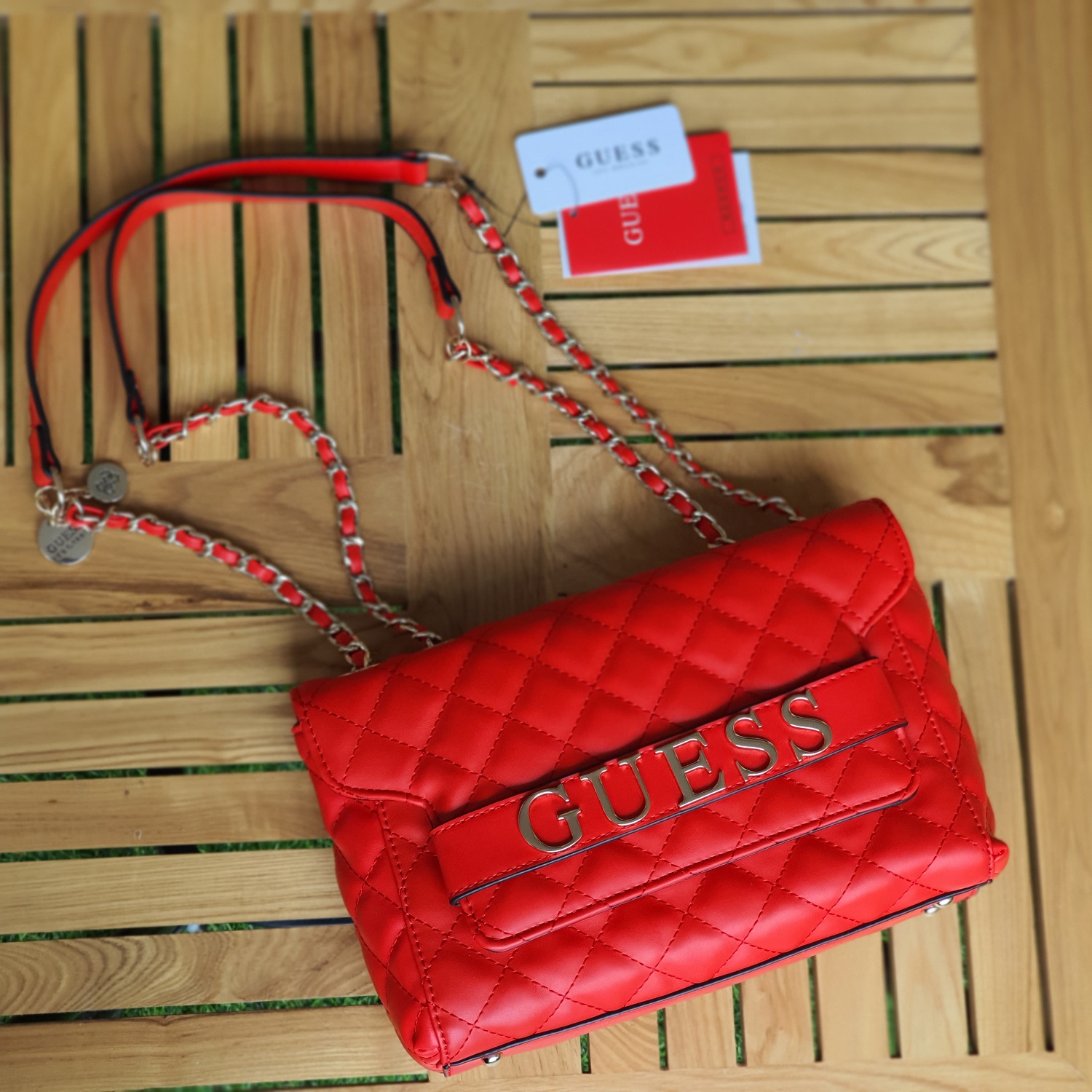 Guaranteed Original Guess Illy Convertible Quilted Leather Chain Strap Crossbody  Bag - Red