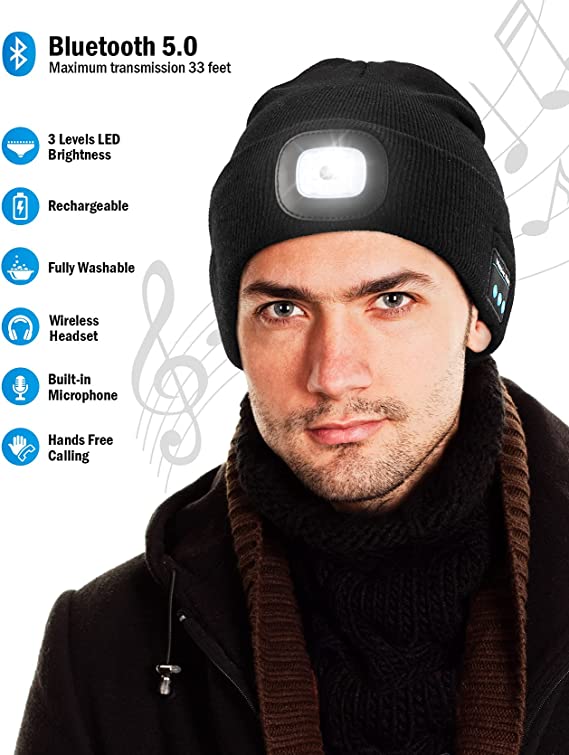 Bluetooth Beanie Hat with Light, USB Rechargeable LED Hat with Headphones,  Night Lighted Music Beanie Hat, Gifts for Men (Blue) Lazada PH