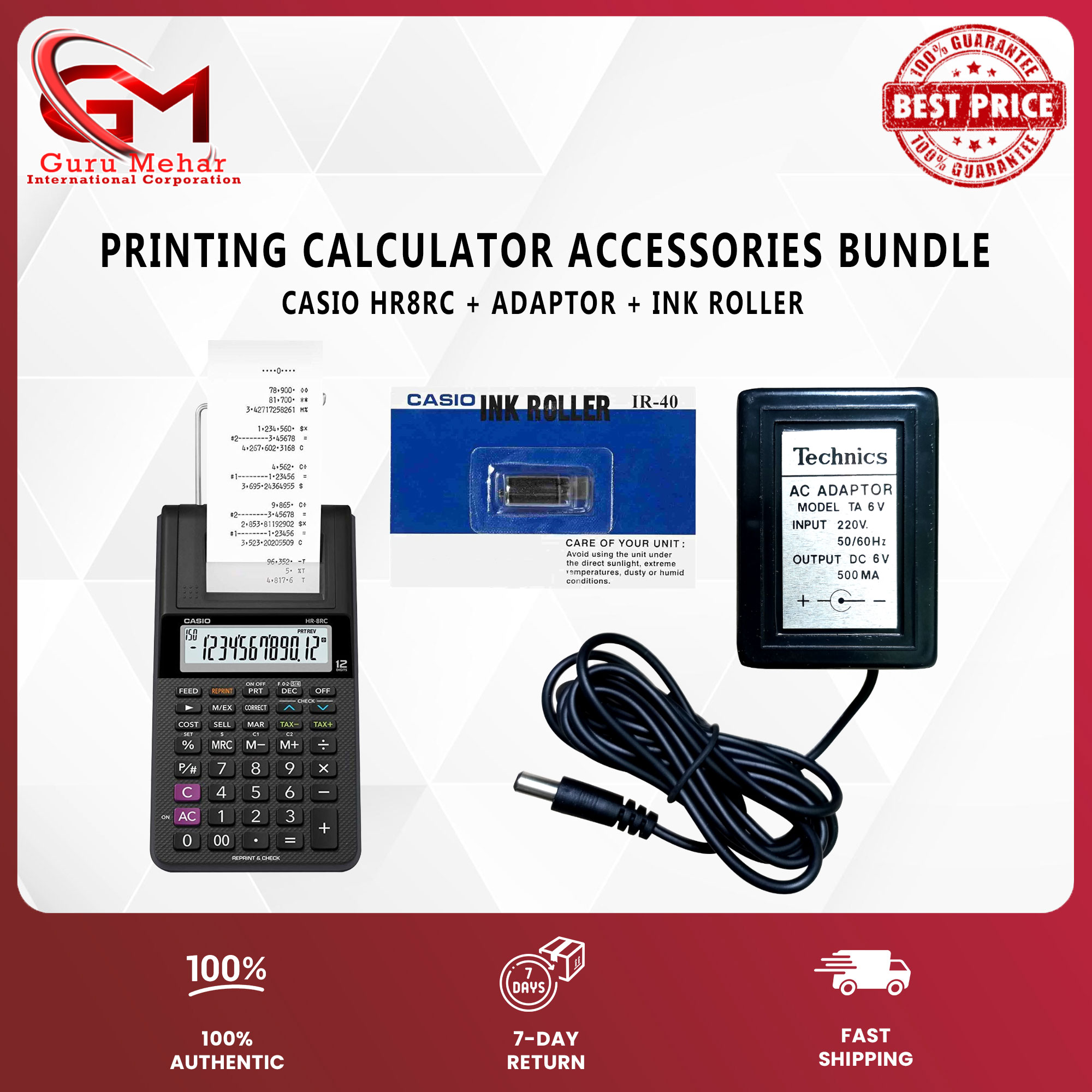 PRINTING CALCULATOR BUNDLE Casio HR8RC Adaptor Ink Roller