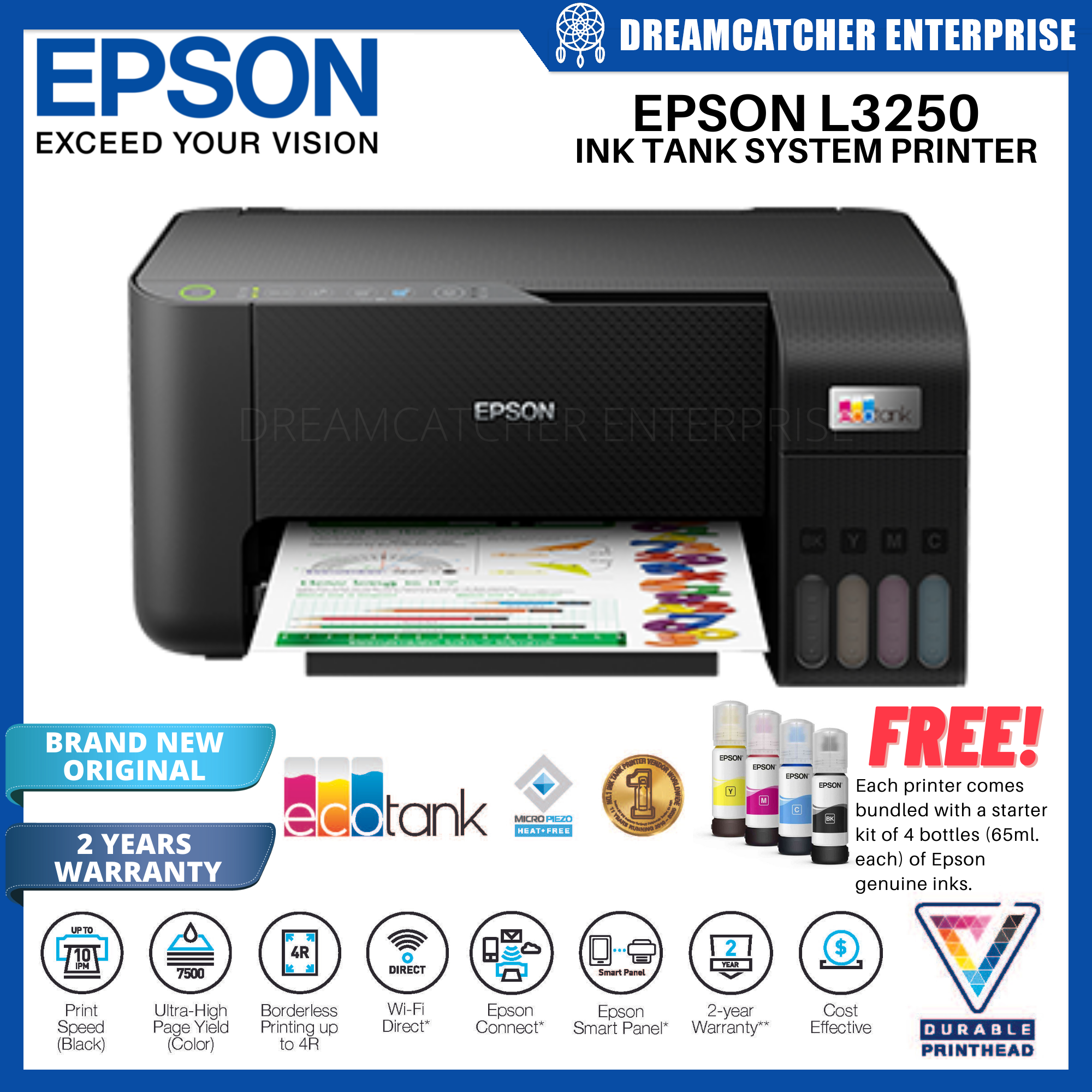Epson L3250 Ecotank Wi Fi All In One Ink Tank Printer Scan Copy Print Brand New Original Uses 3171