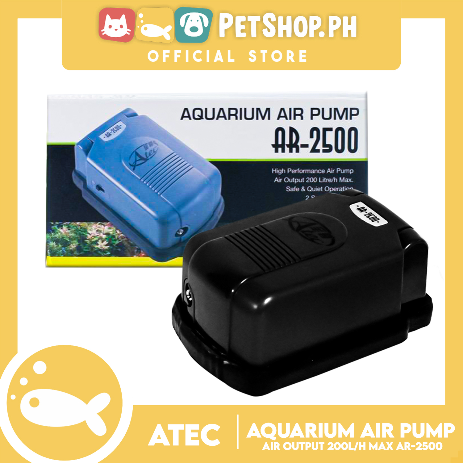 Atec Aquarium Air Pump AR2500, Aquarium 80200L, Flow Rate 200L/hr