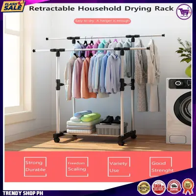 NEW ORIGINAL ADJUSTABLE DOUBLE RAIL GARMENT RACK WITH SHOES SHELF ON WHEELS ADJUSTABLE DOUBLE POLE TELESCOPIC STAINLESS STEEL CLOTHES RACK HIGH QUALITY