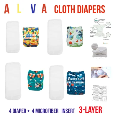 4 Alva Washable Cloth Diapers ✅4 Microfiber Insert 3-Layer Boy Prints