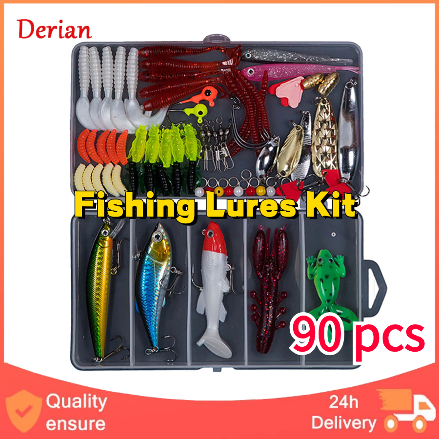 Derian Portable Fishing Lures Kit Fake Bait Frog Minnow Soft Bait Hook Set  With Fishing Tackle Box For Freshwater Seawater 90 pieces 魚餌