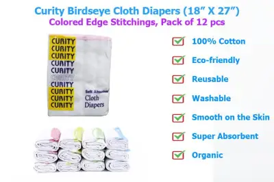 Curity Organic Cloth Birdseye Diaper (Lampin Type, 18 x 27 , Colored Edge Stitchings) 12 pcs. With Free 2 pcs 3 Watts LED Bulbs