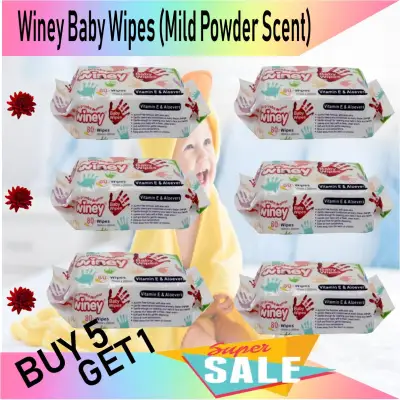 BUY 5 GET 1 FREE Winey Baby Wipes (Mild Powder Scent) - 80 sheets x 6 packs (480 sheets)