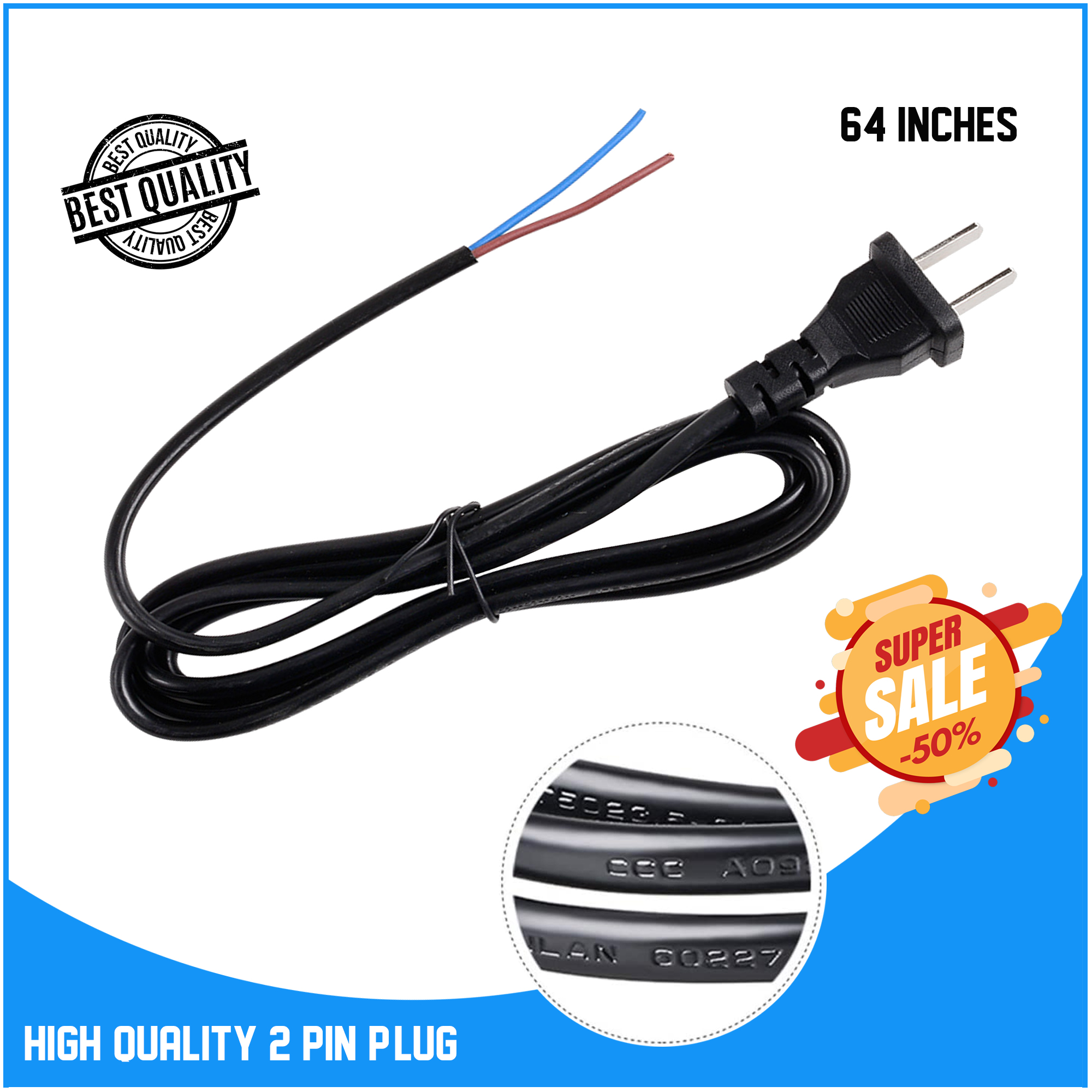 2 Pin Plug / Wire Replacement Power Cord Heavy Duty Power Supply Cable
