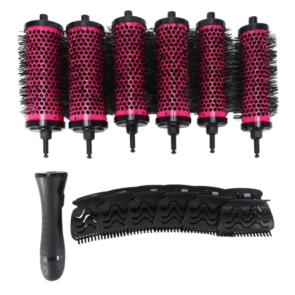 6pcs/set 3 Sizes Detachable Handle Hair Roller Brush with Positioning Clips Aluminum Ceramic Barrel Curler Comb Hairdresser
