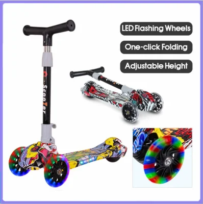 Color Graffiti Scooter for Kids Flash Wheel Foldable Kick Scooter LED Flashing Wheels Kids Scooter 3-level Height Adjustable Scooter For Kids 2-8 years old