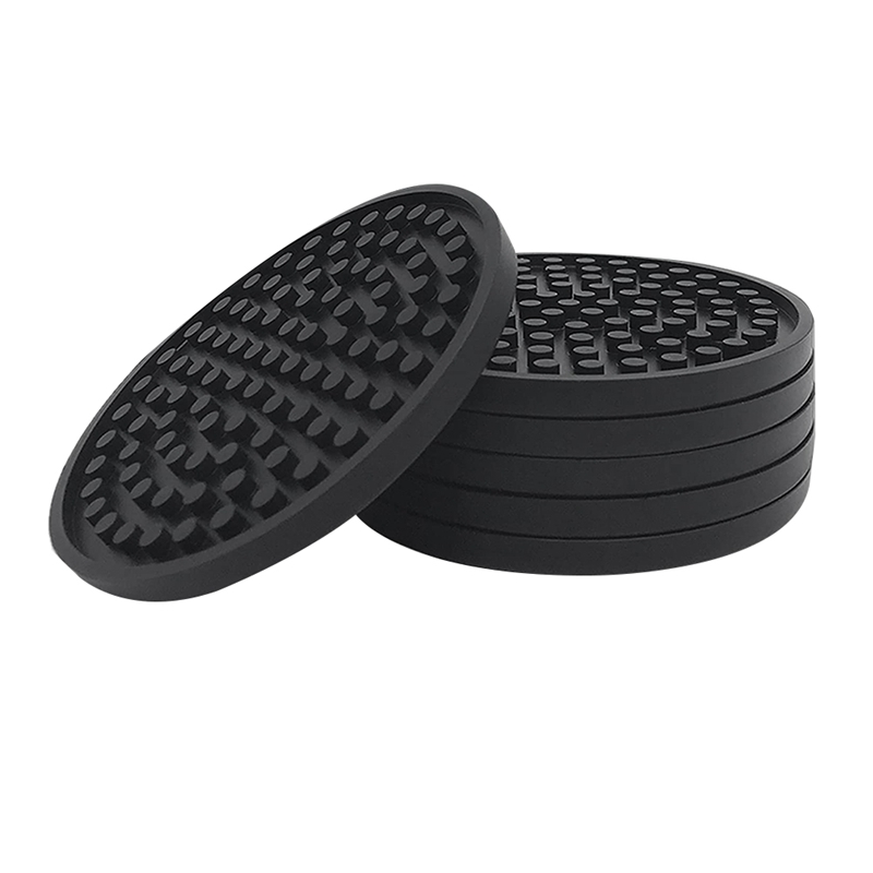Black Round Silicone Rubber Drink Coasters (Set of 6) NonSlip Perfect for Homes & Bars